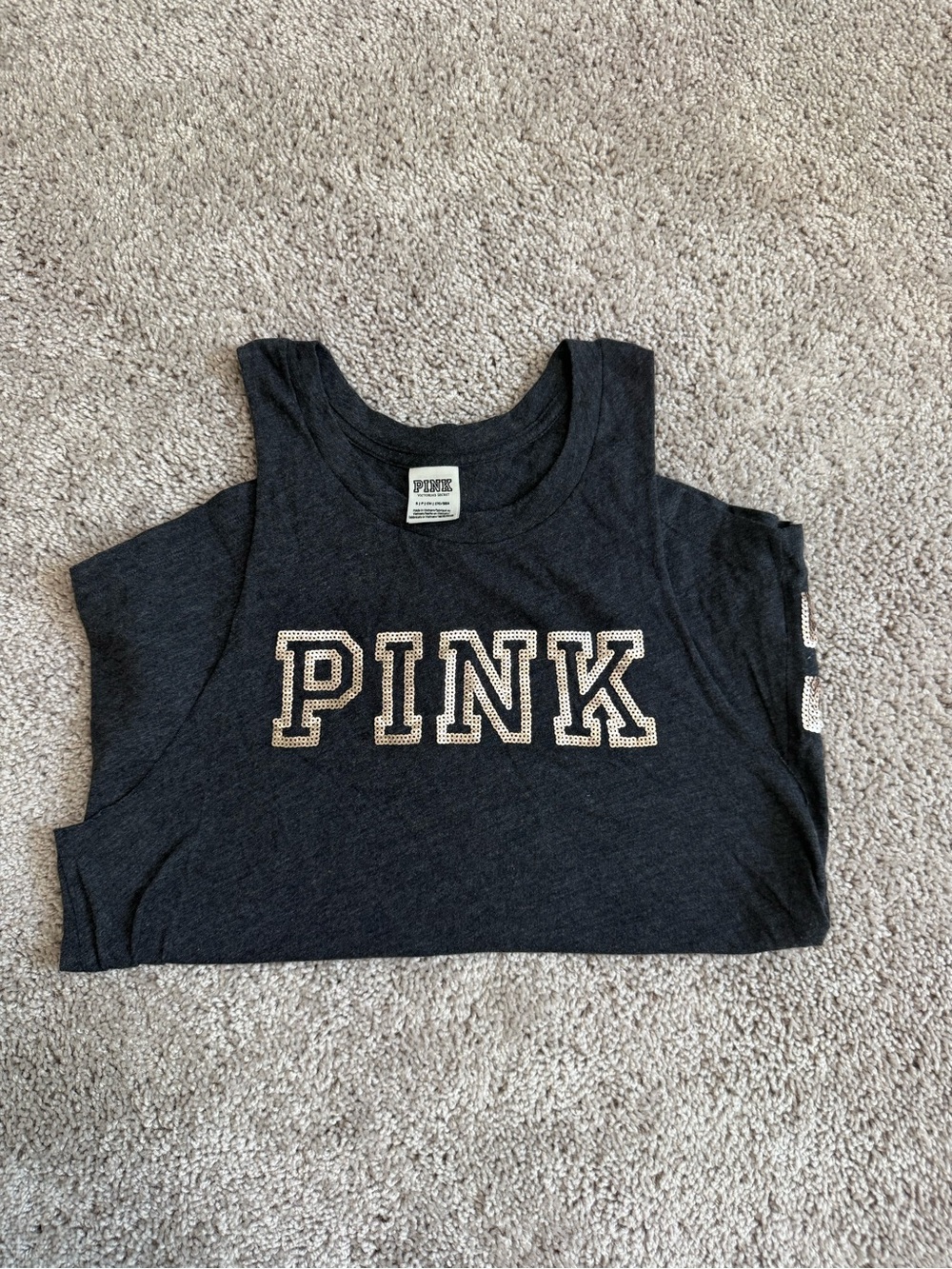PINK Victoria's Secret Charcoal Graphic Tank with Beige Lettering